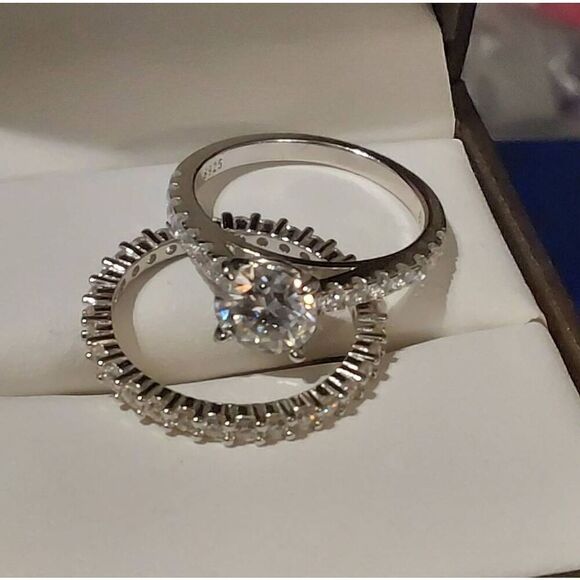 CERTIFIED Genuine Diamond Moissanite Bridal/Wedding Ring Set~925SS/Platinum Sz 8 - Picture 4 of 8